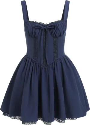 IBTOM CASTLE Corset Mini Dress for Women: Ladeis Sexy Boho Summer Floral Dress Sleeveless Spaghetti Straps Backless Dress Lace Up Sundress Cottagecore Ruffle Short Beach Bustier Dresses Navy Blue M