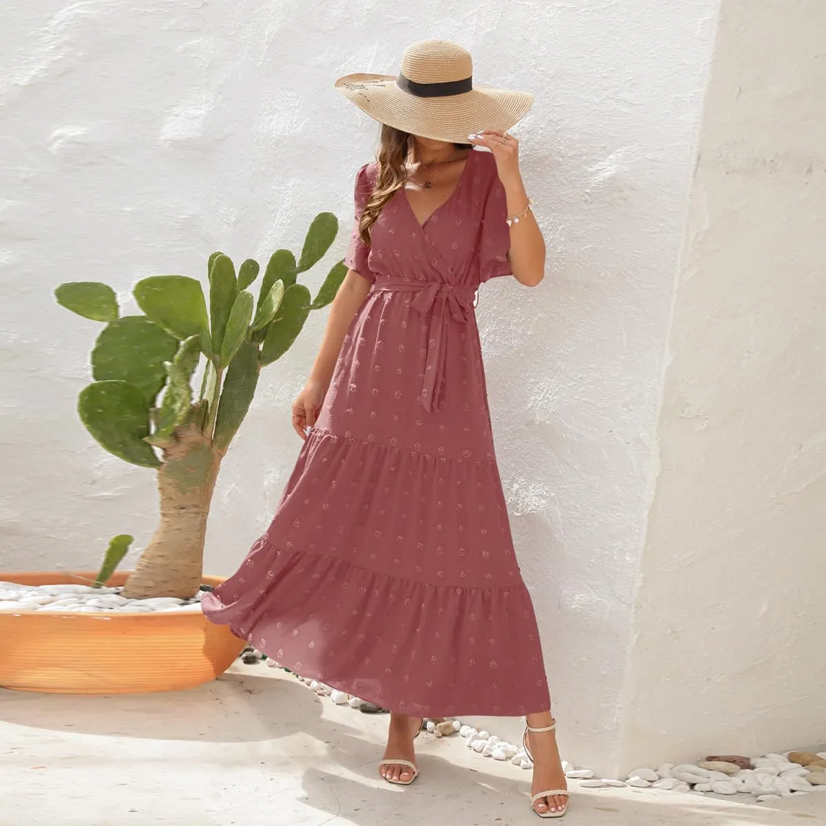 IDOPIP Women Casual Swiss Dot Tiered Maxi Dress with Belt Beach Summer Wedding Guest Sundress Elegant Cocktail Evening Outfit