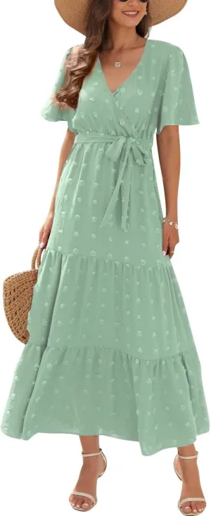 IDOPIP Women Casual Swiss Dot Tiered Maxi Dress with Belt Beach Summer Wedding Guest Sundress Elegant Cocktail Evening Outfit
