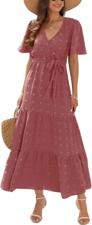 IDOPIP Women Casual Swiss Dot Tiered Maxi Dress with Belt Beach Summer Wedding Guest Sundress Elegant Cocktail Evening Outfit