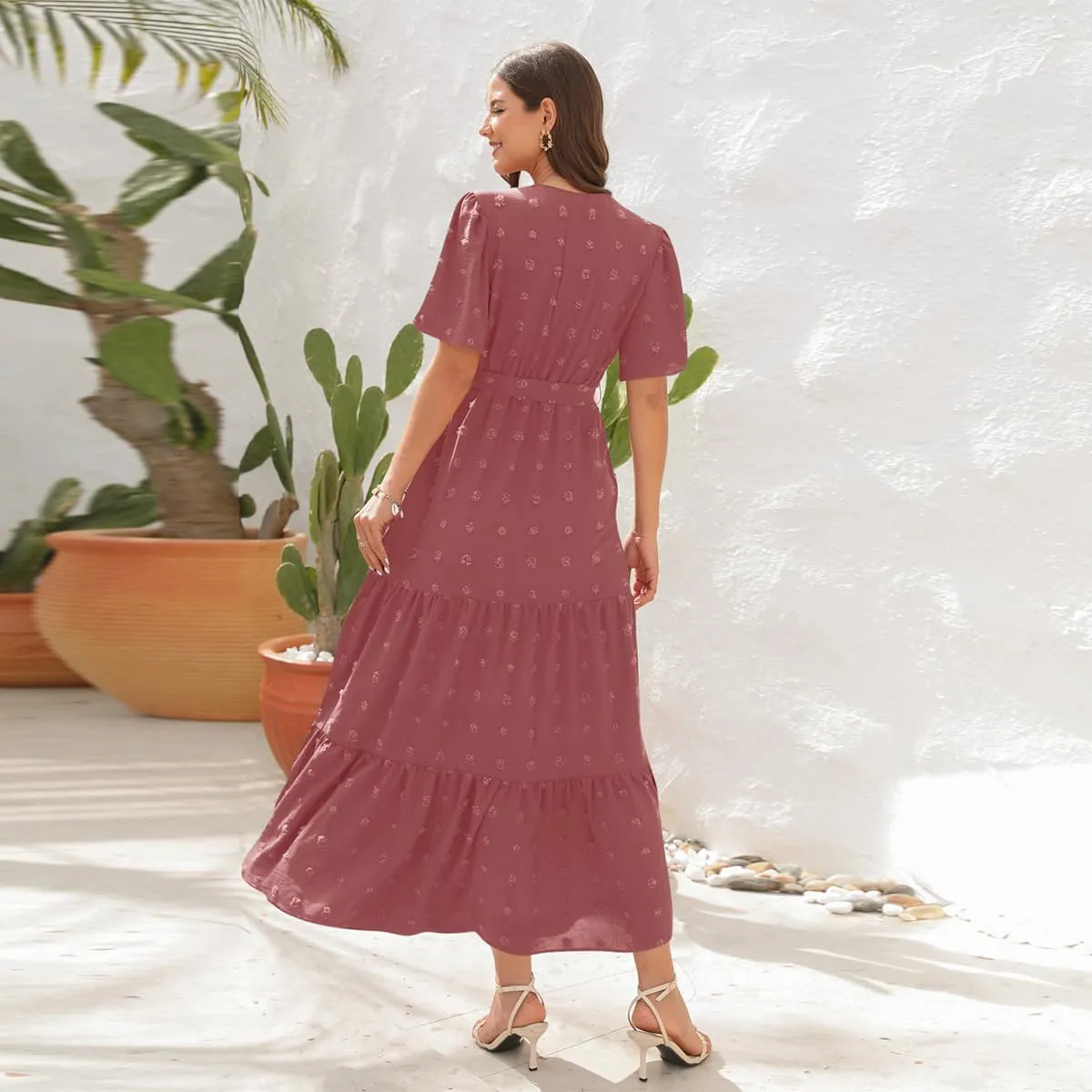 IDOPIP Women Casual Swiss Dot Tiered Maxi Dress with Belt Beach Summer Wedding Guest Sundress Elegant Cocktail Evening Outfit