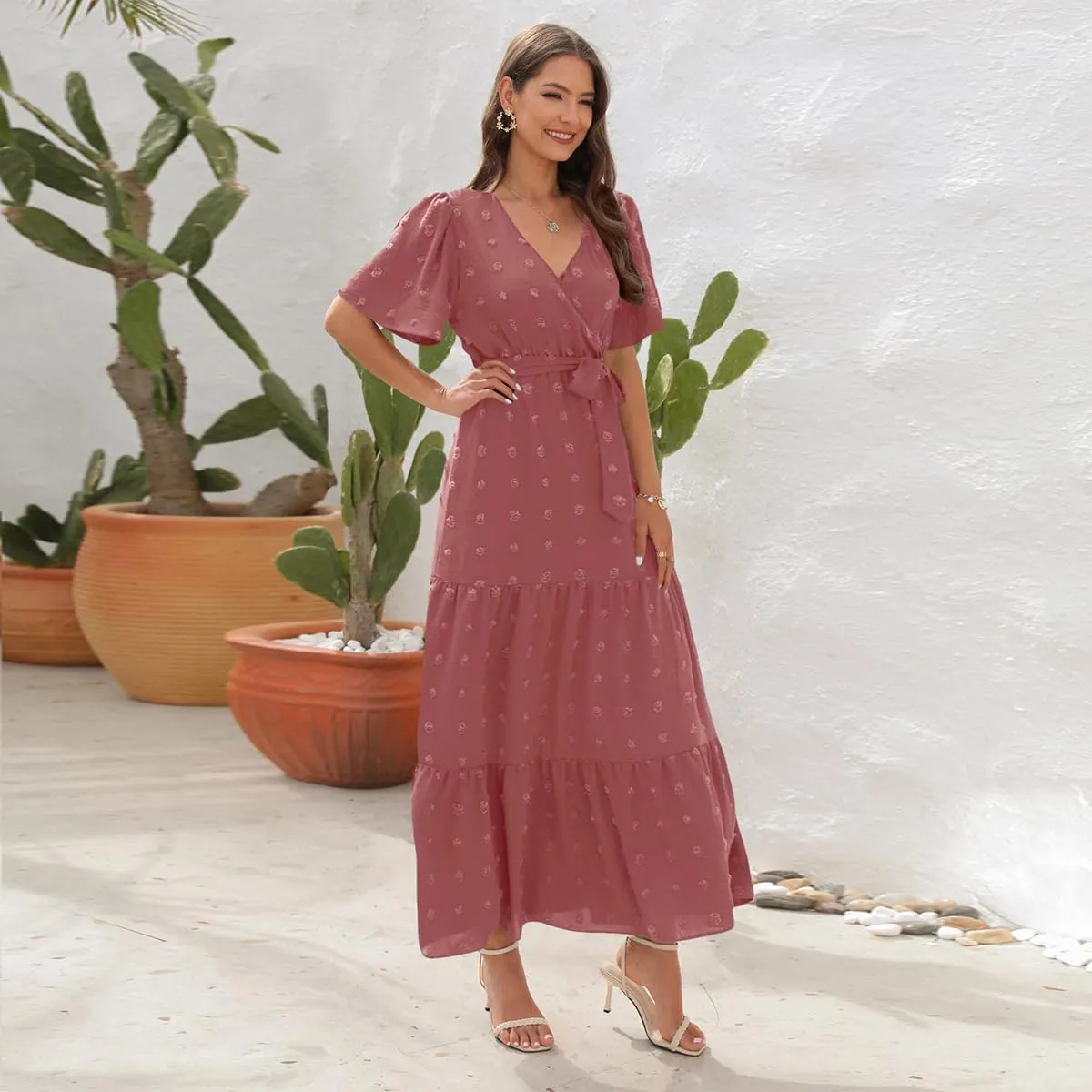IDOPIP Women Casual Swiss Dot Tiered Maxi Dress with Belt Beach Summer Wedding Guest Sundress Elegant Cocktail Evening Outfit