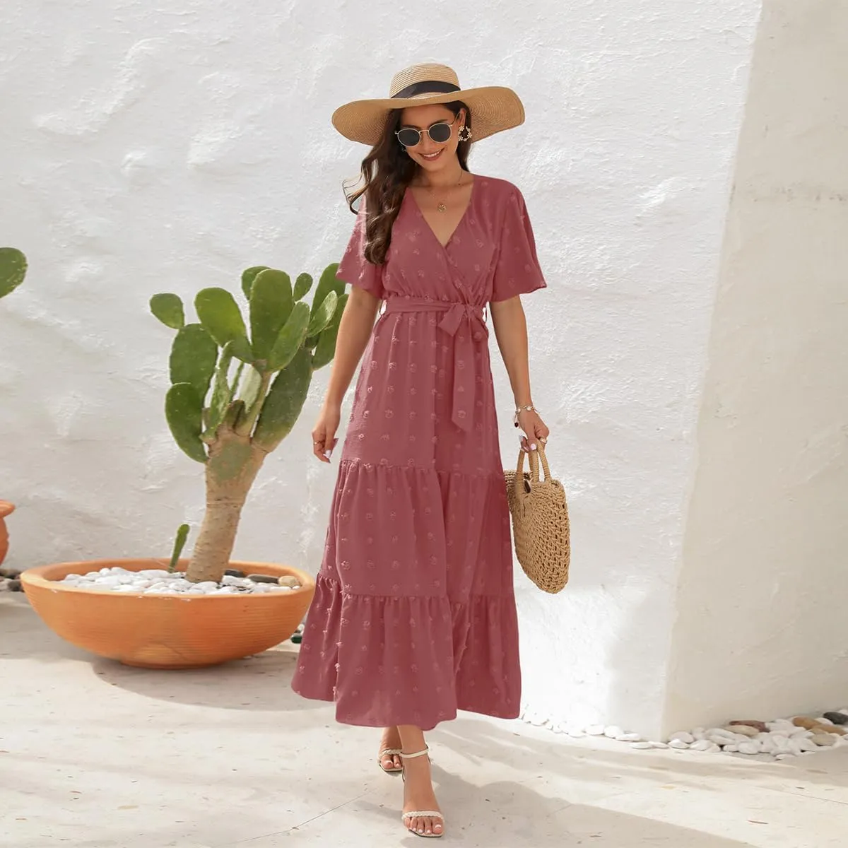 IDOPIP Women Casual Swiss Dot Tiered Maxi Dress with Belt Beach Summer Wedding Guest Sundress Elegant Cocktail Evening Outfit
