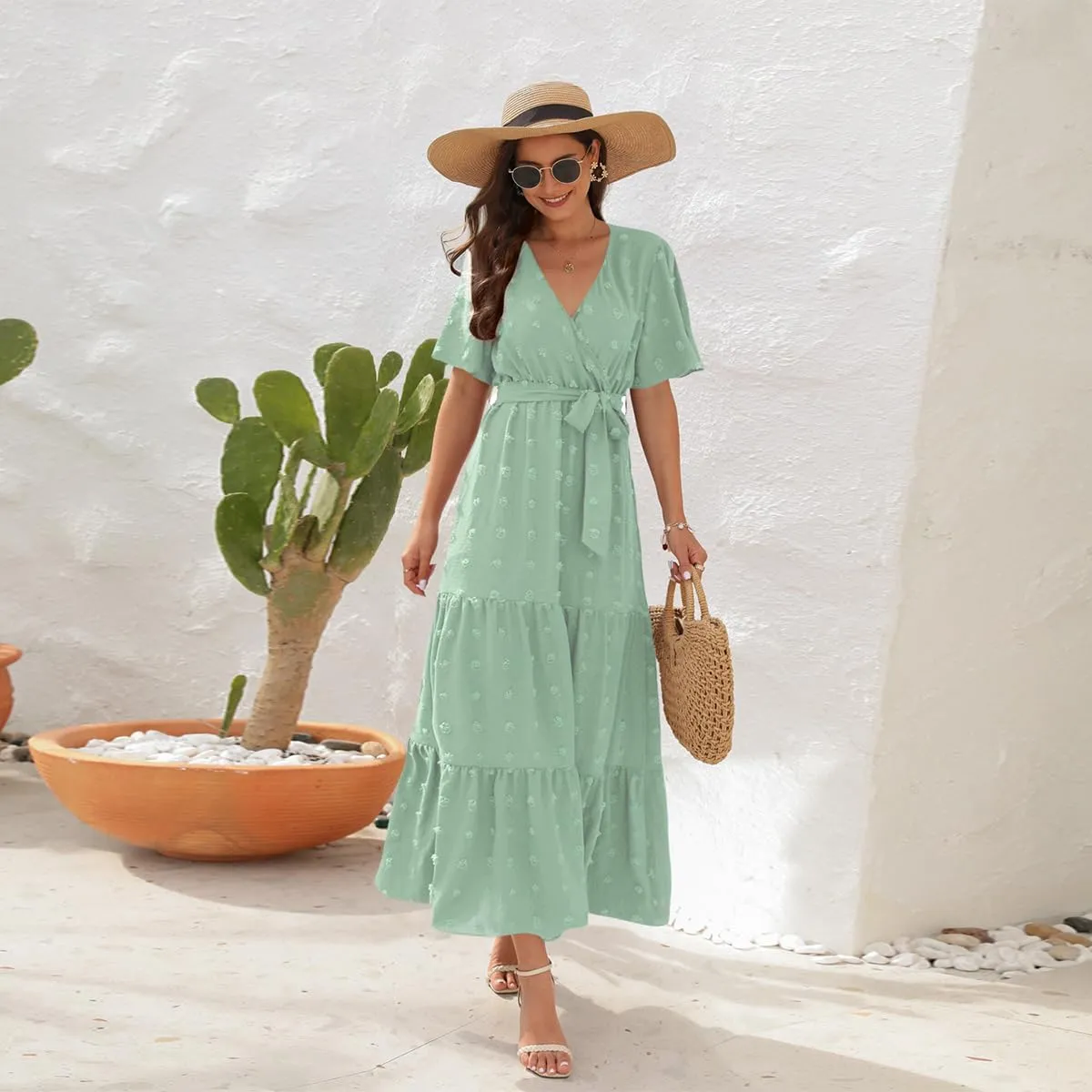 IDOPIP Women Casual Swiss Dot Tiered Maxi Dress with Belt Beach Summer Wedding Guest Sundress Elegant Cocktail Evening Outfit