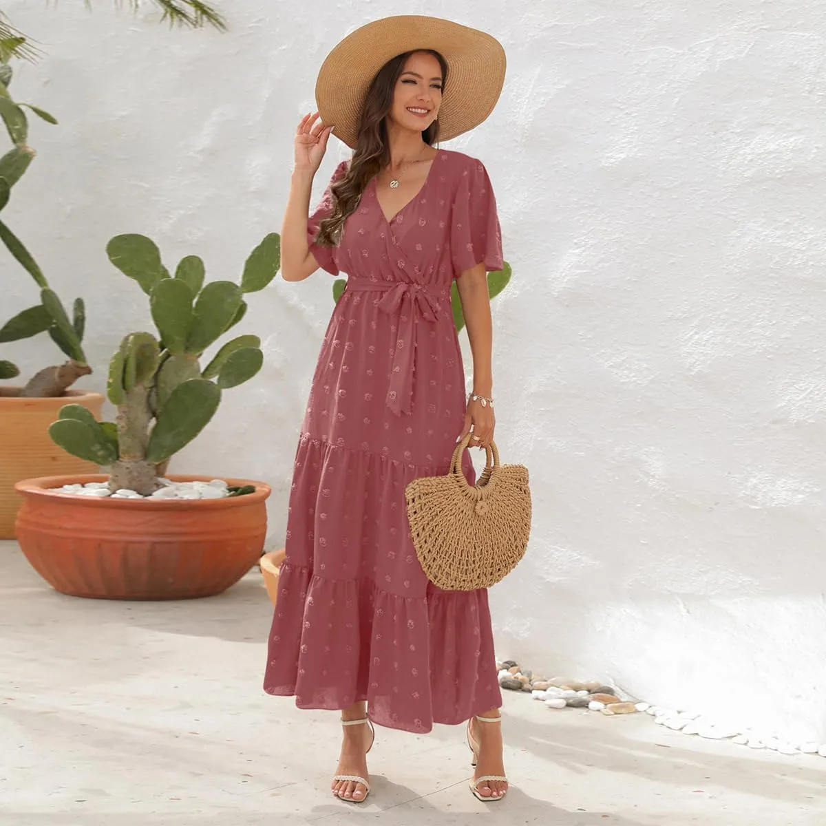 IDOPIP Women Casual Swiss Dot Tiered Maxi Dress with Belt Beach Summer Wedding Guest Sundress Elegant Cocktail Evening Outfit