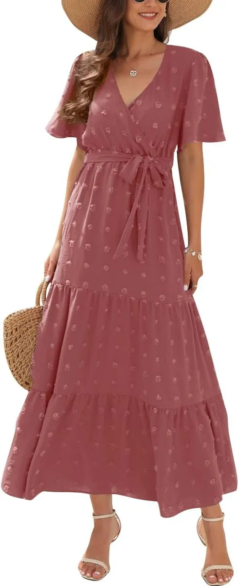 IDOPIP Women Casual Swiss Dot Tiered Maxi Dress with Belt Beach Summer Wedding Guest Sundress Elegant Cocktail Evening Outfit