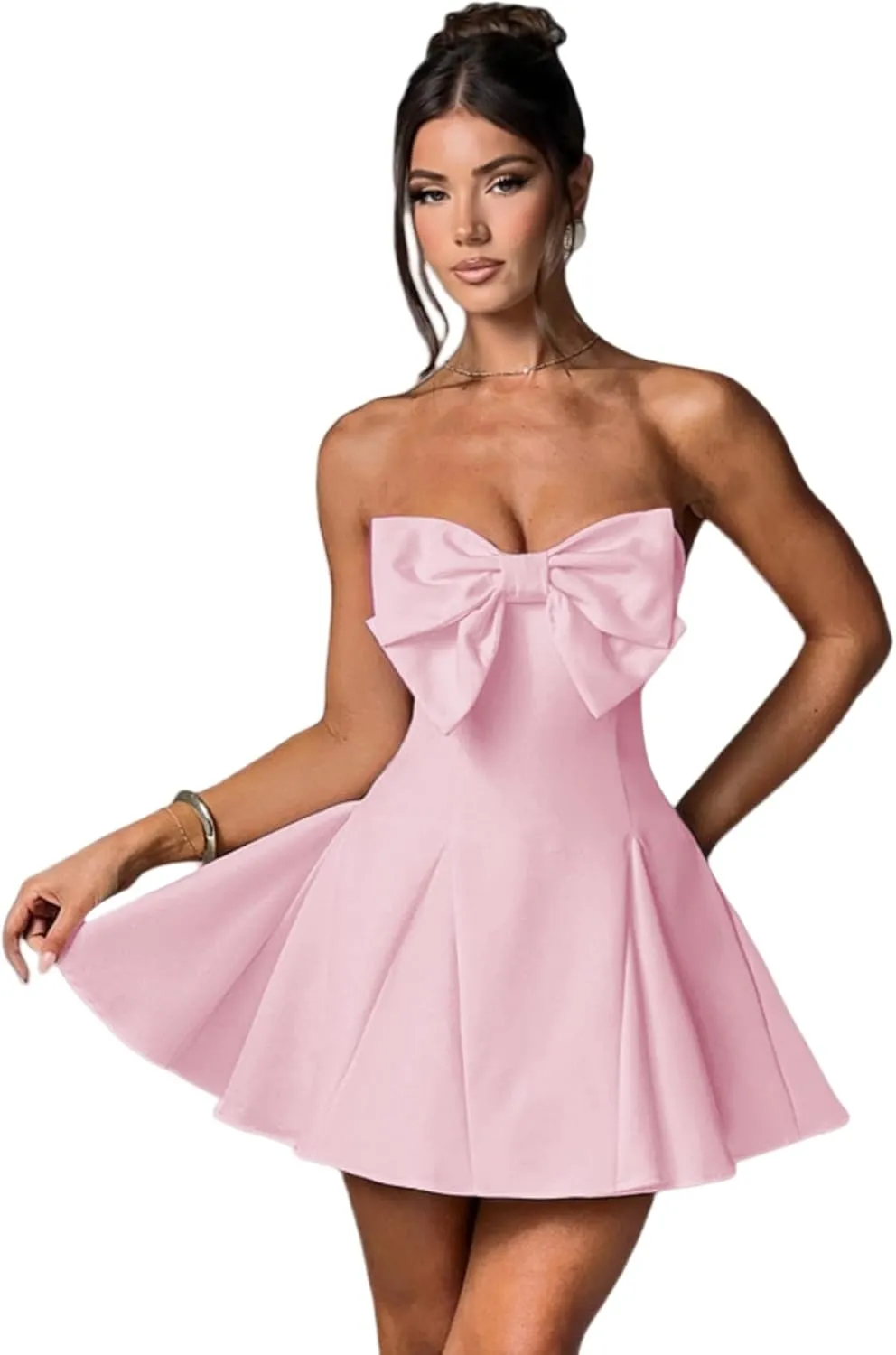 JUMISEE Women's Elegant Bow Strapless Homecoming Dress A Line Swing Tube Mini Dress Short Evening Party Prom Dress