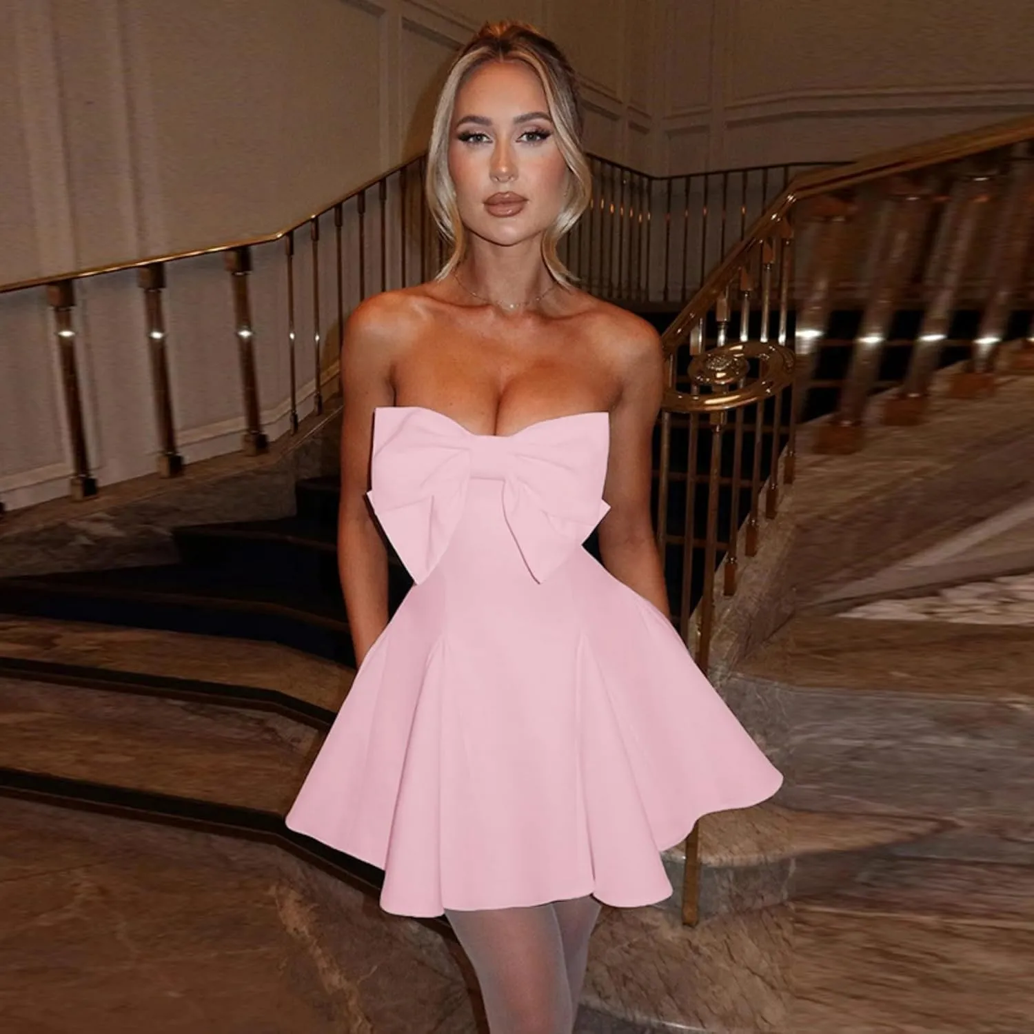 JUMISEE Women's Elegant Bow Strapless Homecoming Dress A Line Swing Tube Mini Dress Short Evening Party Prom Dress