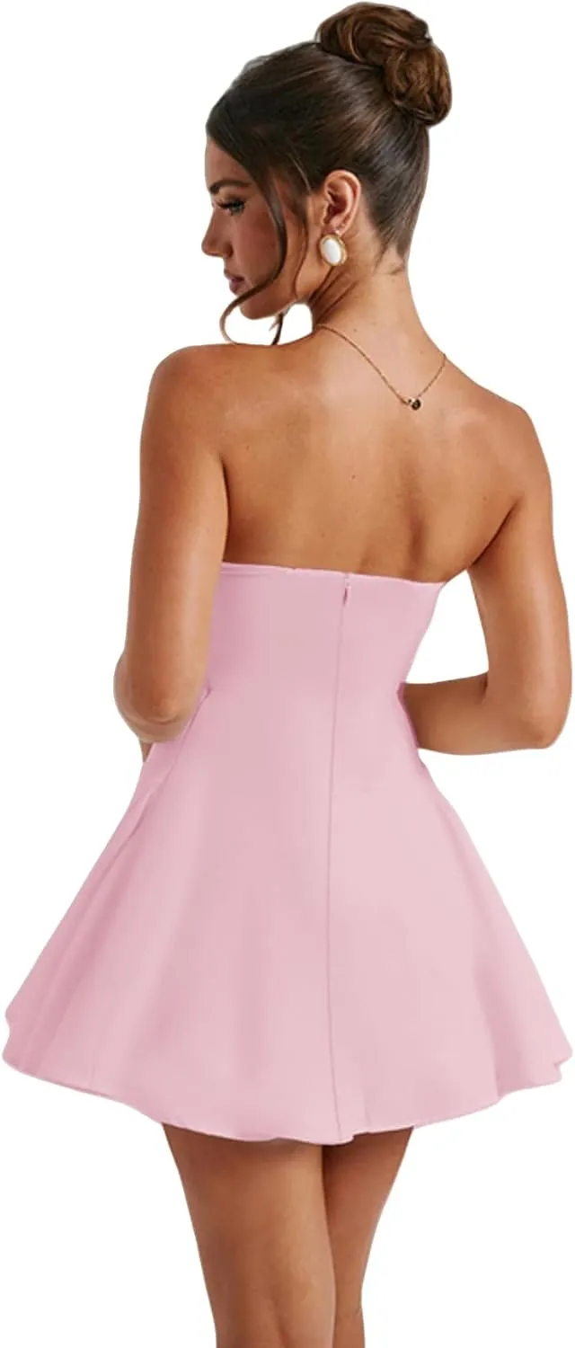 JUMISEE Women's Elegant Bow Strapless Homecoming Dress A Line Swing Tube Mini Dress Short Evening Party Prom Dress