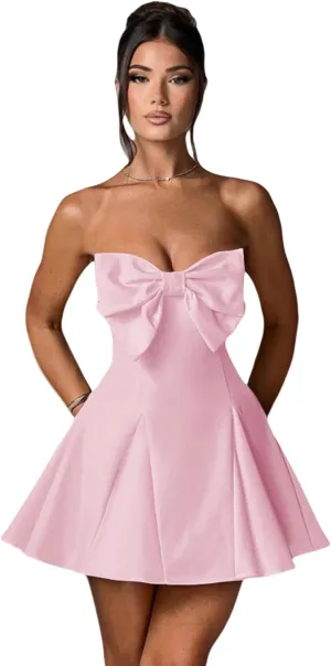 JUMISEE Women's Elegant Bow Strapless Homecoming Dress A Line Swing Tube Mini Dress Short Evening Party Prom Dress