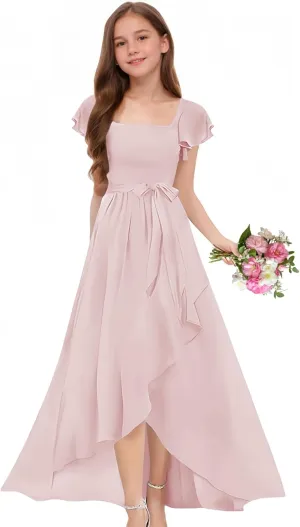 Junior Bridesmaid Dress Long with Slit A-Line Chiffon Flower Girl Dresses Short Ruffle Sleeves for Wedding Party