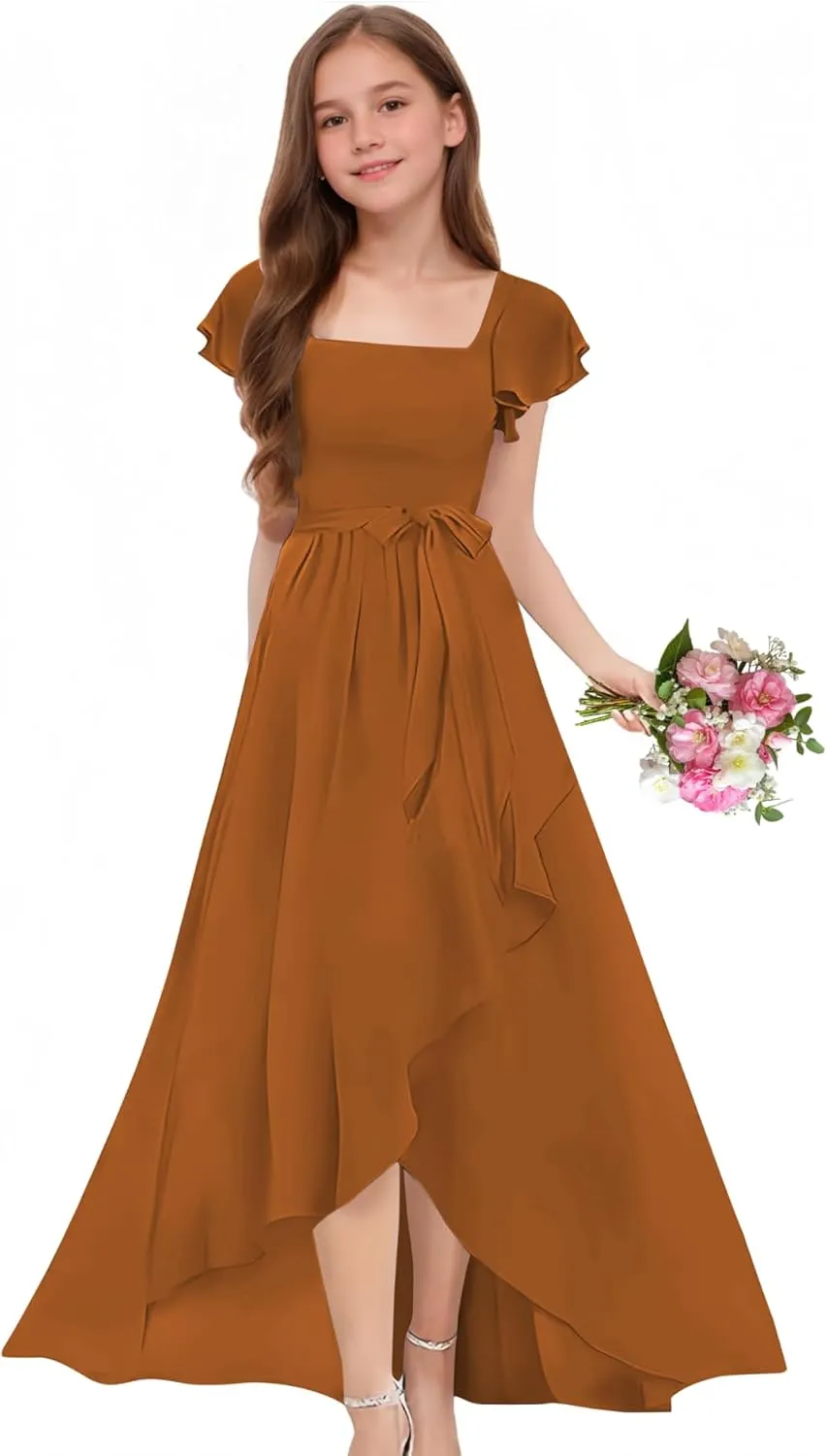 Junior Bridesmaid Dress Long with Slit A-Line Chiffon Flower Girl Dresses Short Ruffle Sleeves for Wedding Party