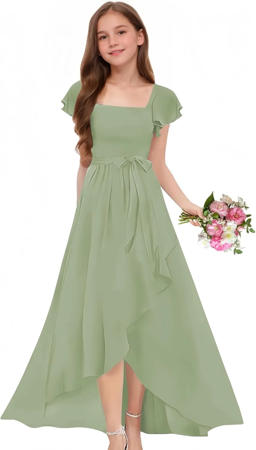 Junior Bridesmaid Dress Long with Slit A-Line Chiffon Flower Girl Dresses Short Ruffle Sleeves for Wedding Party