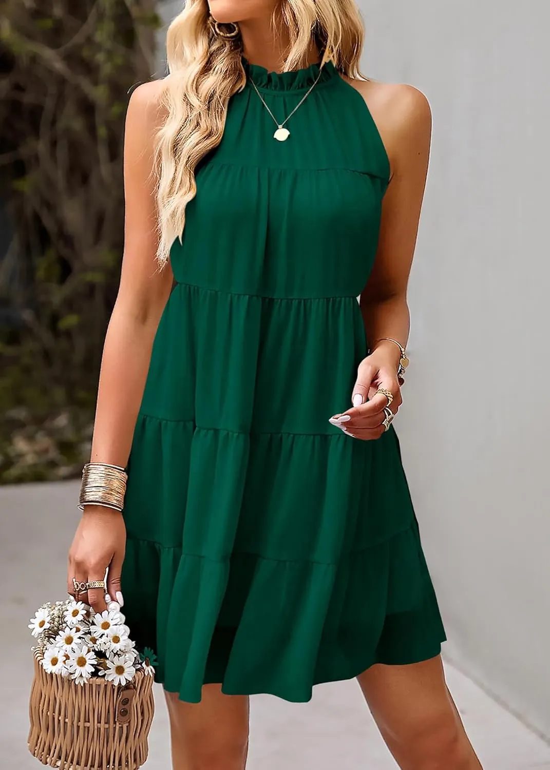 KIRUNDO Womens Summer Dresses 2025 Casual Halter Sundress Sleeveless Flowy Mini Babydoll Tiered Pleated Beach Dress