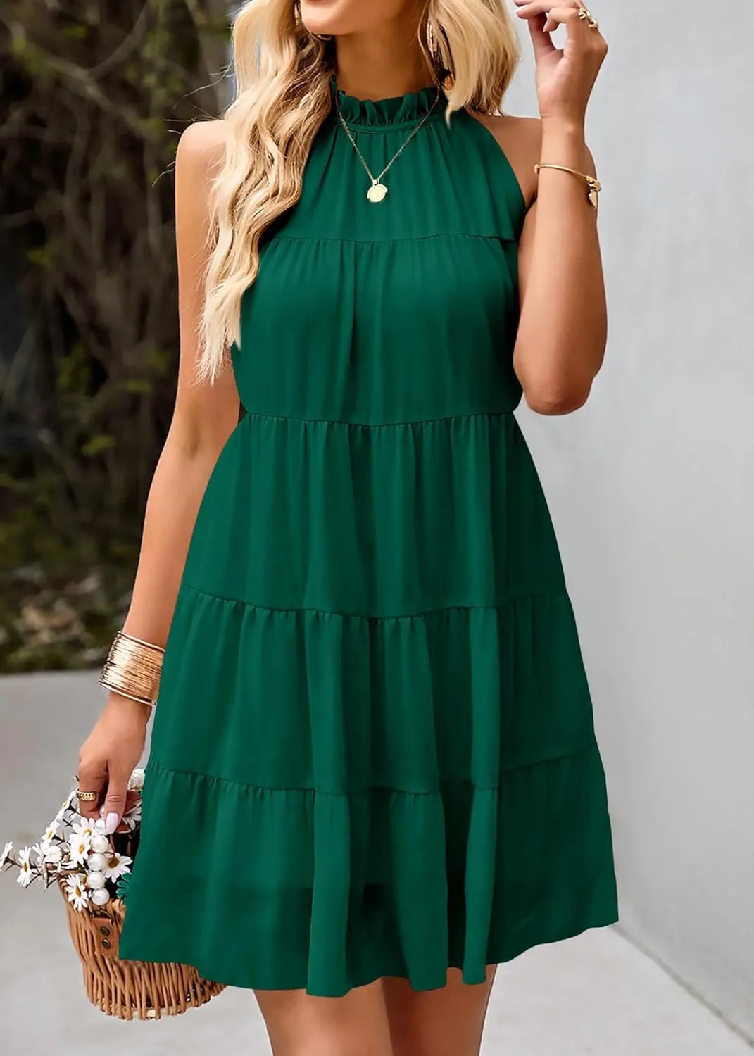 KIRUNDO Womens Summer Dresses 2025 Casual Halter Sundress Sleeveless Flowy Mini Babydoll Tiered Pleated Beach Dress