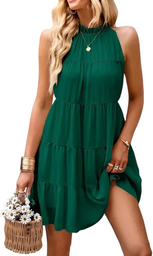 KIRUNDO Womens Summer Dresses 2025 Casual Halter Sundress Sleeveless Flowy Mini Babydoll Tiered Pleated Beach Dress