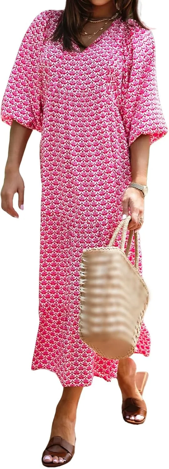 Kubbon Womens Summer Maxi Dress 2025 Puff Sleeve Boho Dresses Casual Geometric Pattern Flowy Beach Dress Vacation Travel