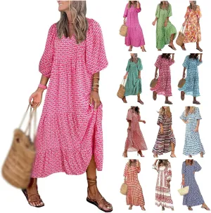 Kubbon Womens Summer Maxi Dress 2025 Puff Sleeve Boho Dresses Casual Geometric Pattern Flowy Beach Dress Vacation Travel