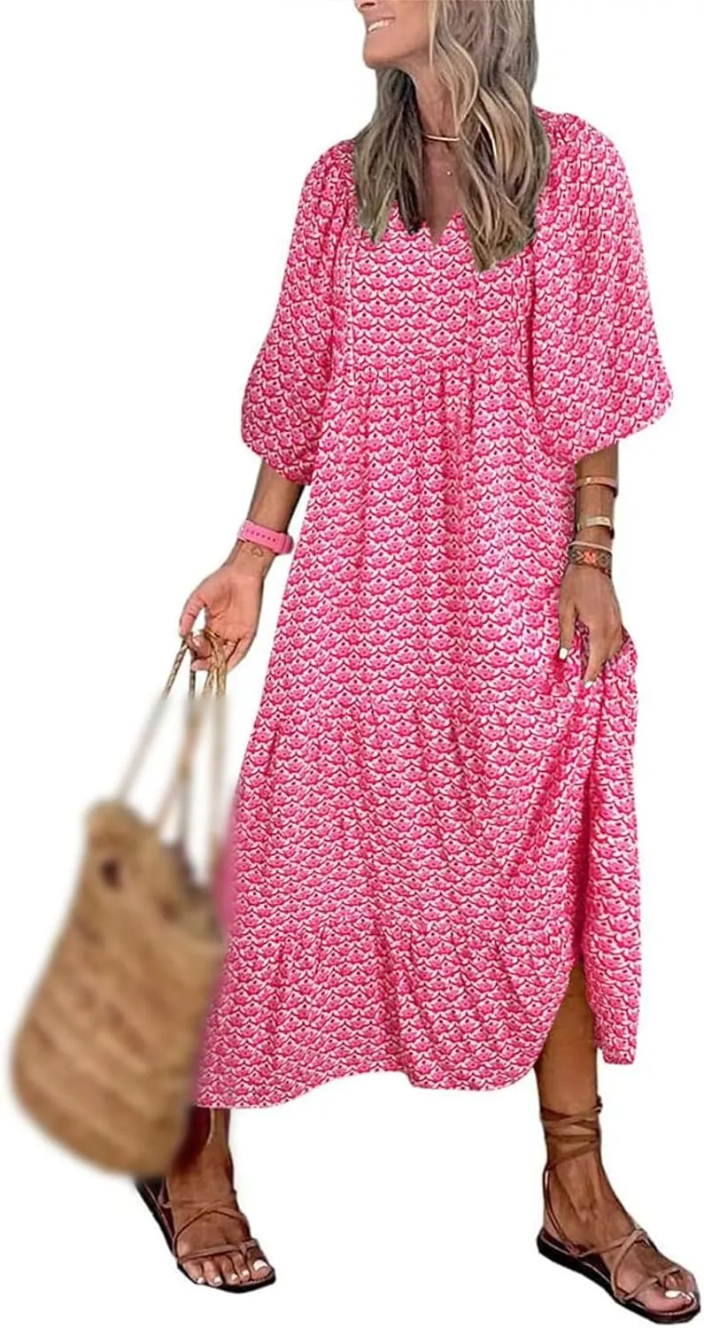 Kubbon Womens Summer Maxi Dress 2025 Puff Sleeve Boho Dresses Casual Geometric Pattern Flowy Beach Dress Vacation Travel