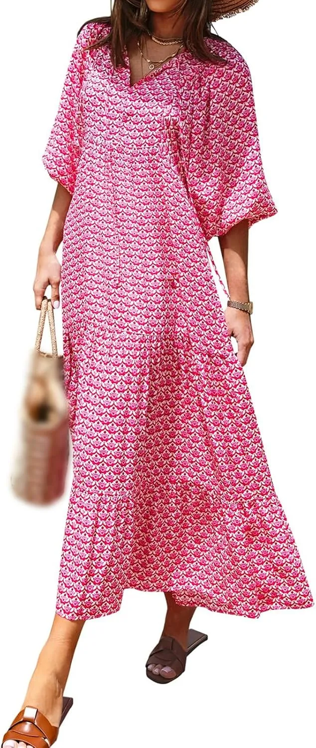 Kubbon Womens Summer Maxi Dress 2025 Puff Sleeve Boho Dresses Casual Geometric Pattern Flowy Beach Dress Vacation Travel