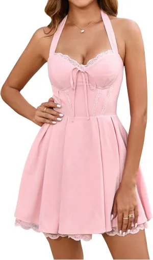KUTUMAI Women Summer Lace Corset Mini Dress Bow Halter Flowy A Line Ruffle Swing Short Graduation Dresses 2025