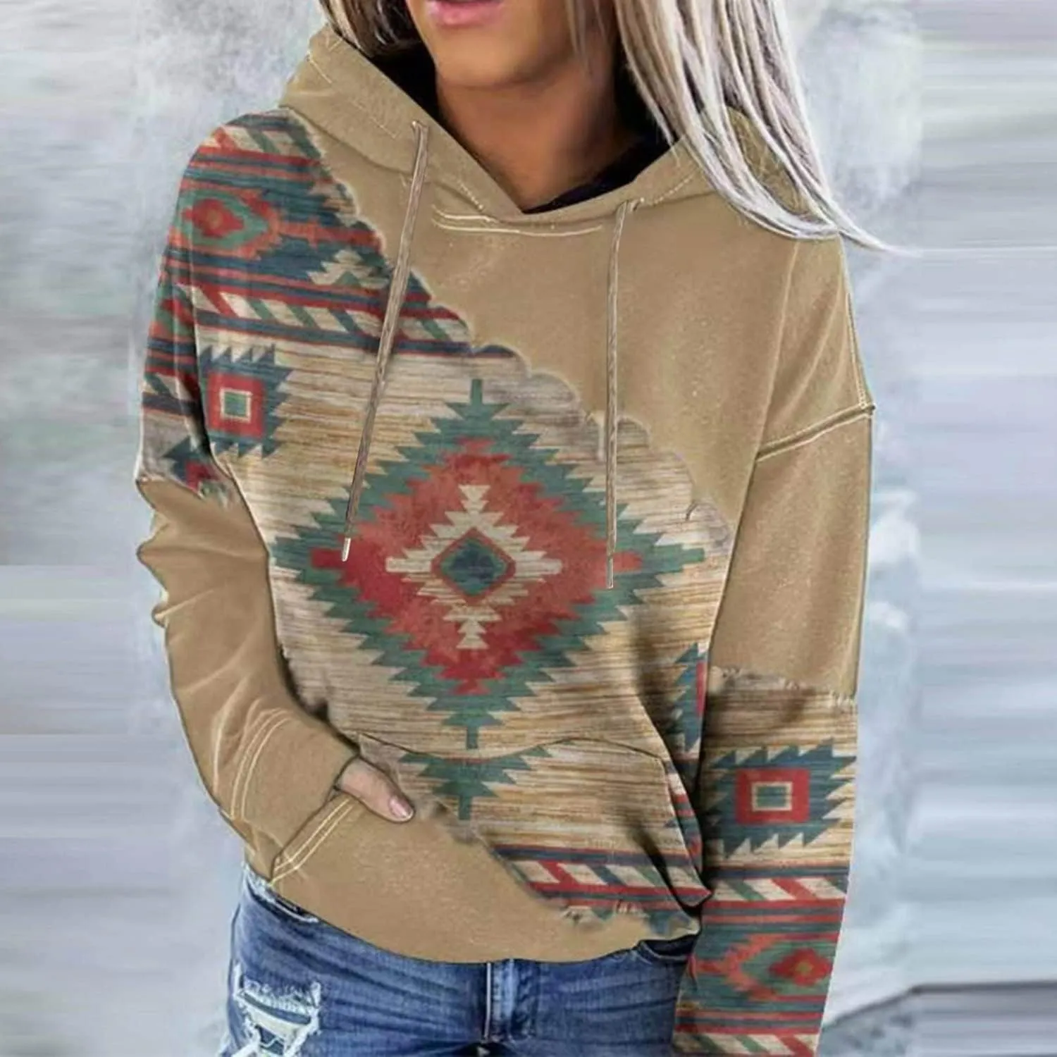 Lanaoree Women's Western Ethnic Style Print Aztec Hoodie Pullover Cowgirl Rhombus Printed Hooded Sweatshirt