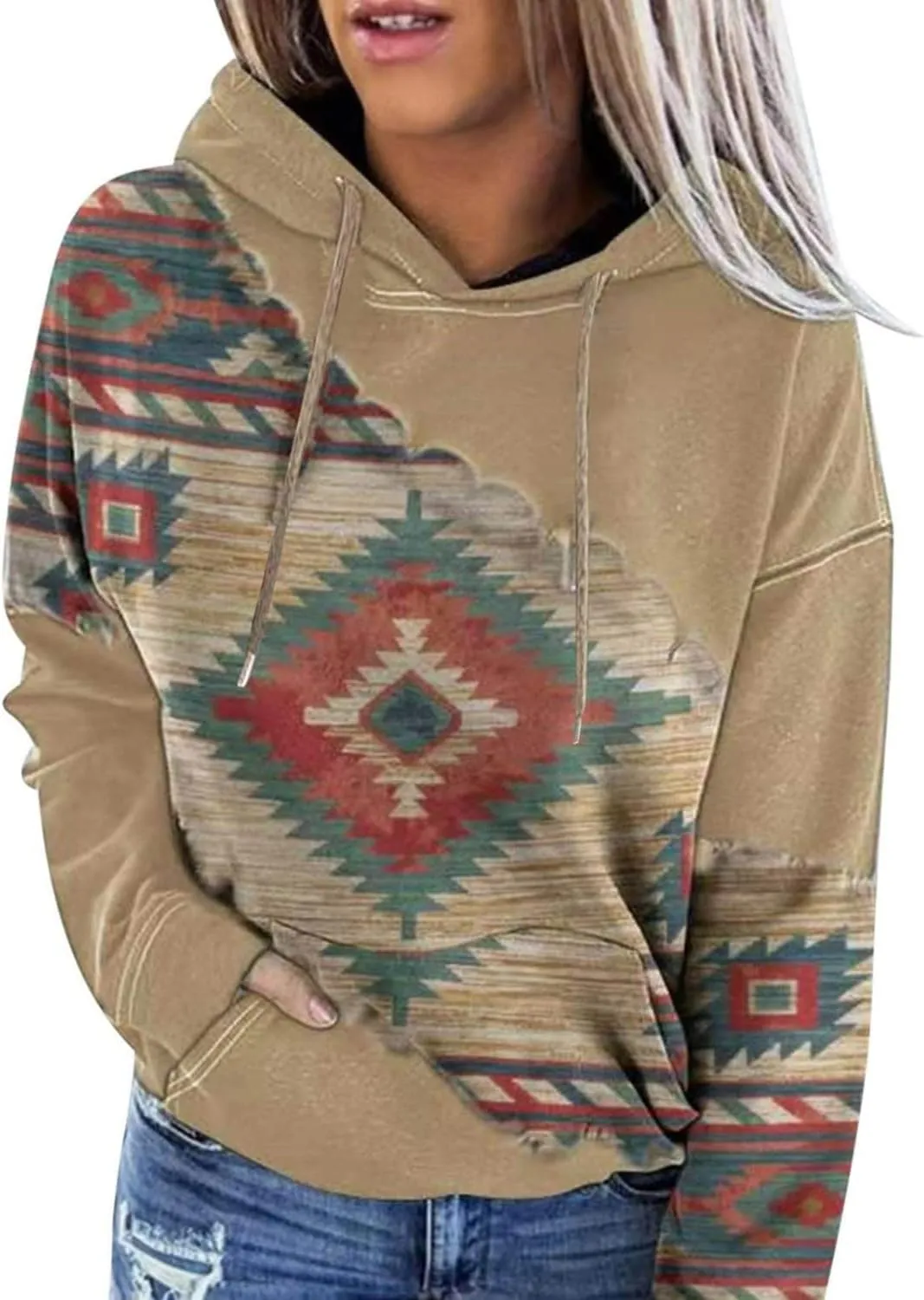 Lanaoree Women's Western Ethnic Style Print Aztec Hoodie Pullover Cowgirl Rhombus Printed Hooded Sweatshirt