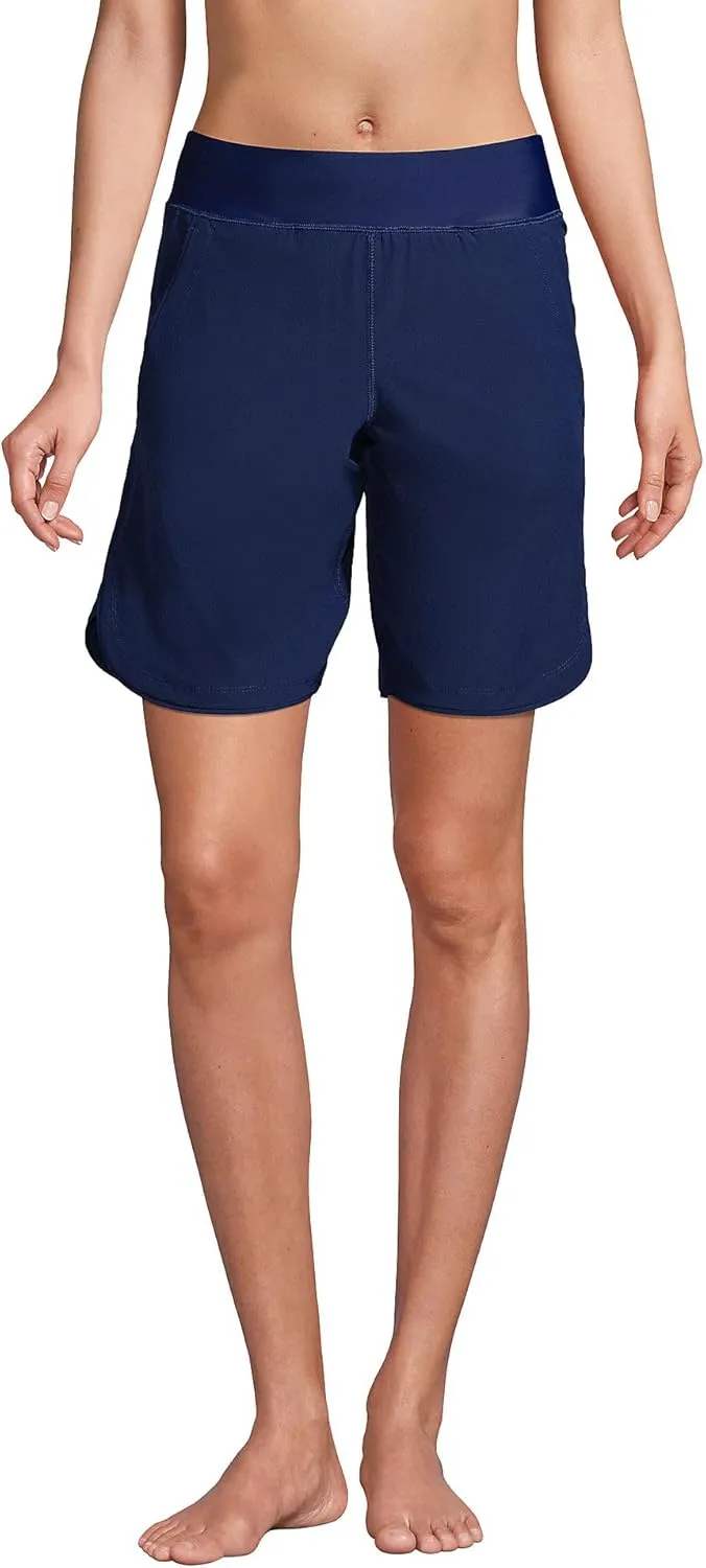 Lands' End Women's 9" Quick Dry Elastic Waist Modest Board Shorts Swim Cover-up Shorts