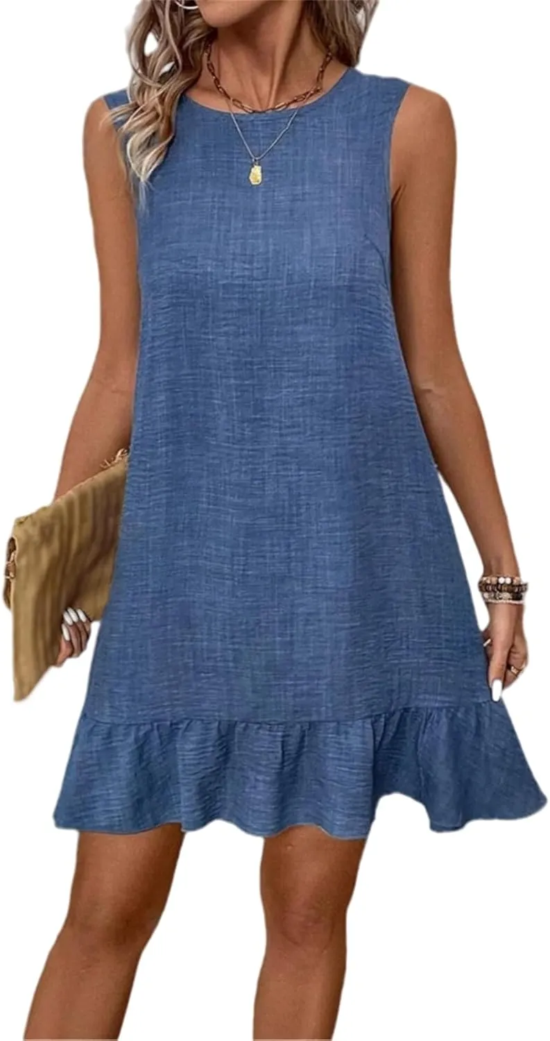 Linen Dress for Women Ruffle Hem Sleeveless Tank Dress Crewneck Loose Shift Mini Dresses