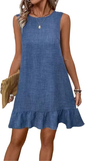 Linen Dress for Women Ruffle Hem Sleeveless Tank Dress Crewneck Loose Shift Mini Dresses