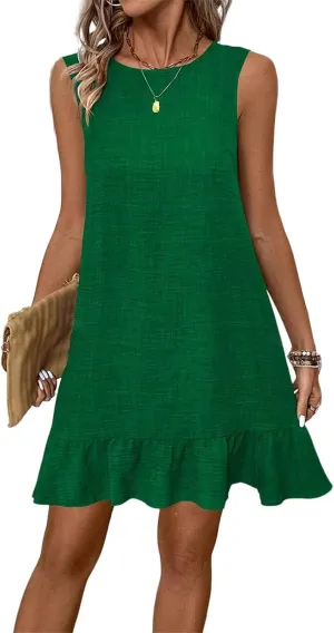Linen Dress for Women Ruffle Hem Sleeveless Tank Dress Crewneck Loose Shift Mini Dresses