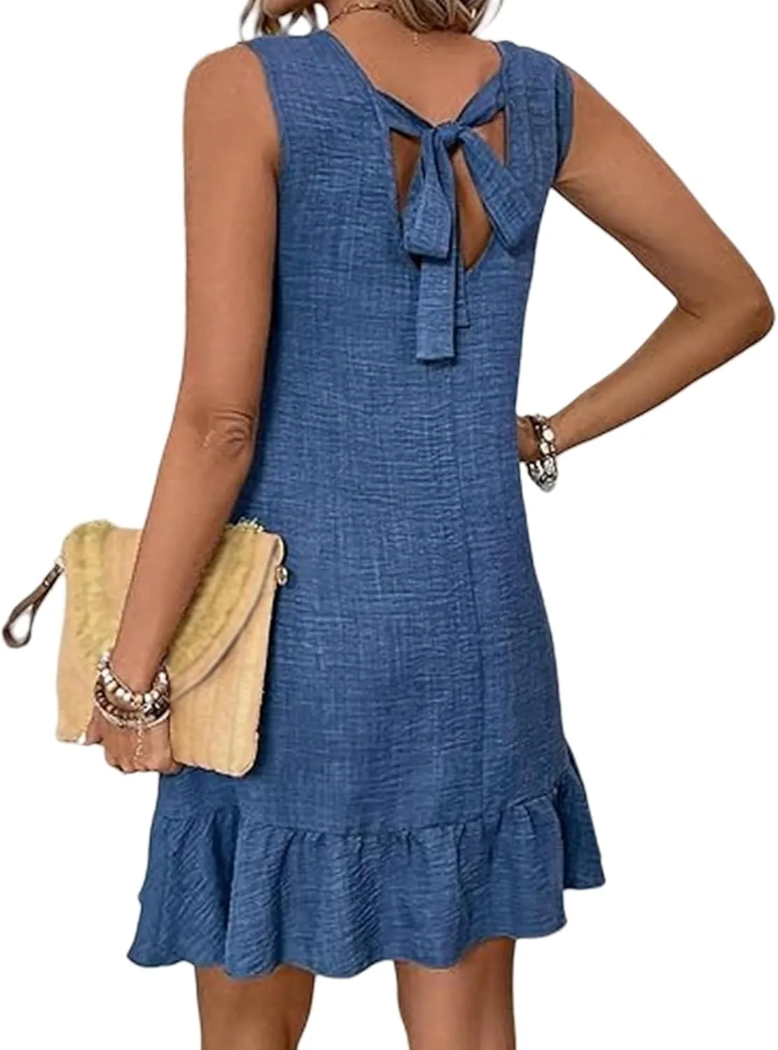 Linen Dress for Women Ruffle Hem Sleeveless Tank Dress Crewneck Loose Shift Mini Dresses