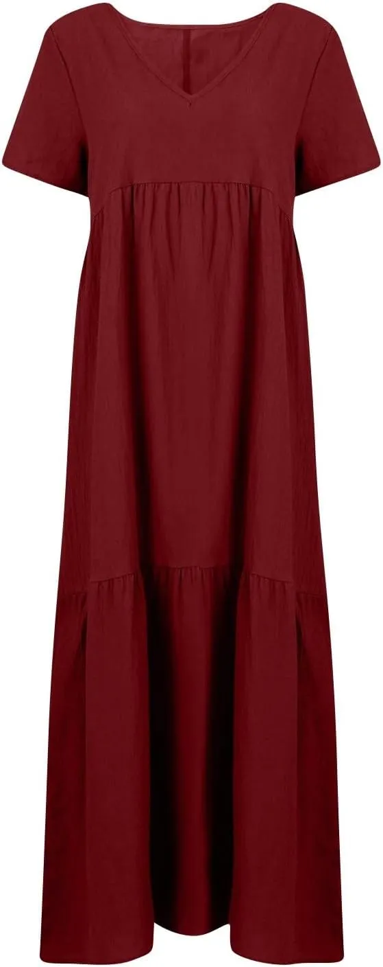 Linen Dress Womens Maxi Dresses 2025 Summer Short Sleeve V Neck Plain Smocked Flowy Long Beach Vacation Sundresses