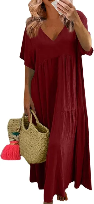 Linen Dress Womens Maxi Dresses 2025 Summer Short Sleeve V Neck Plain Smocked Flowy Long Beach Vacation Sundresses