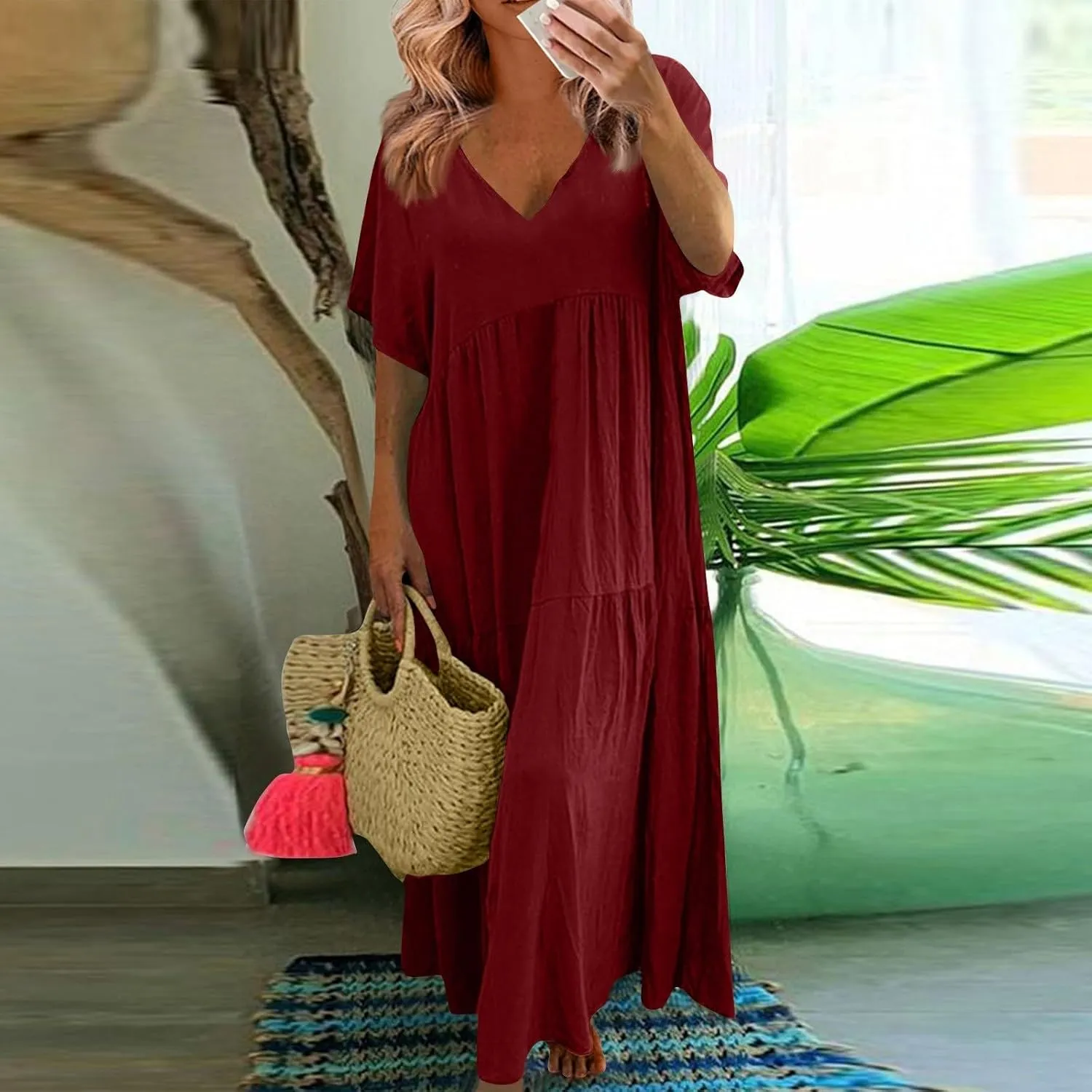 Linen Dress Womens Maxi Dresses 2025 Summer Short Sleeve V Neck Plain Smocked Flowy Long Beach Vacation Sundresses