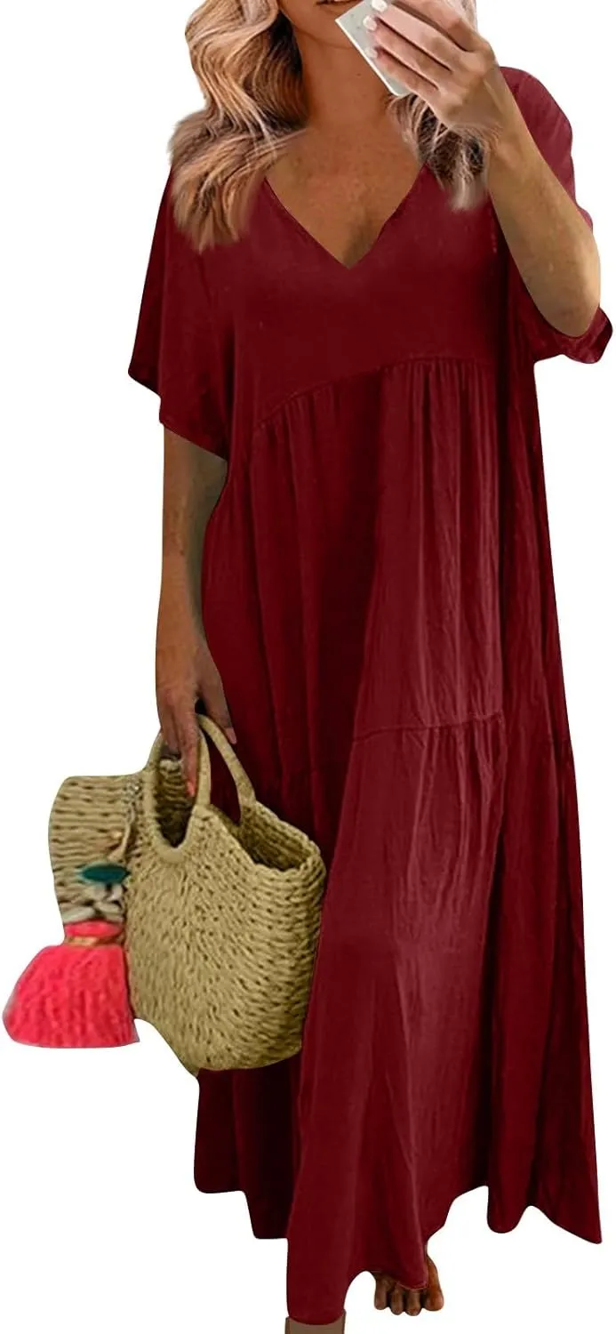 Linen Dress Womens Maxi Dresses 2025 Summer Short Sleeve V Neck Plain Smocked Flowy Long Beach Vacation Sundresses