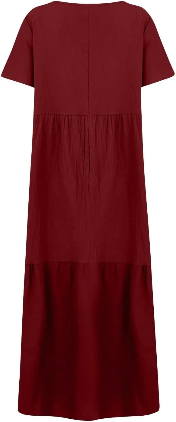 Linen Dress Womens Maxi Dresses 2025 Summer Short Sleeve V Neck Plain Smocked Flowy Long Beach Vacation Sundresses