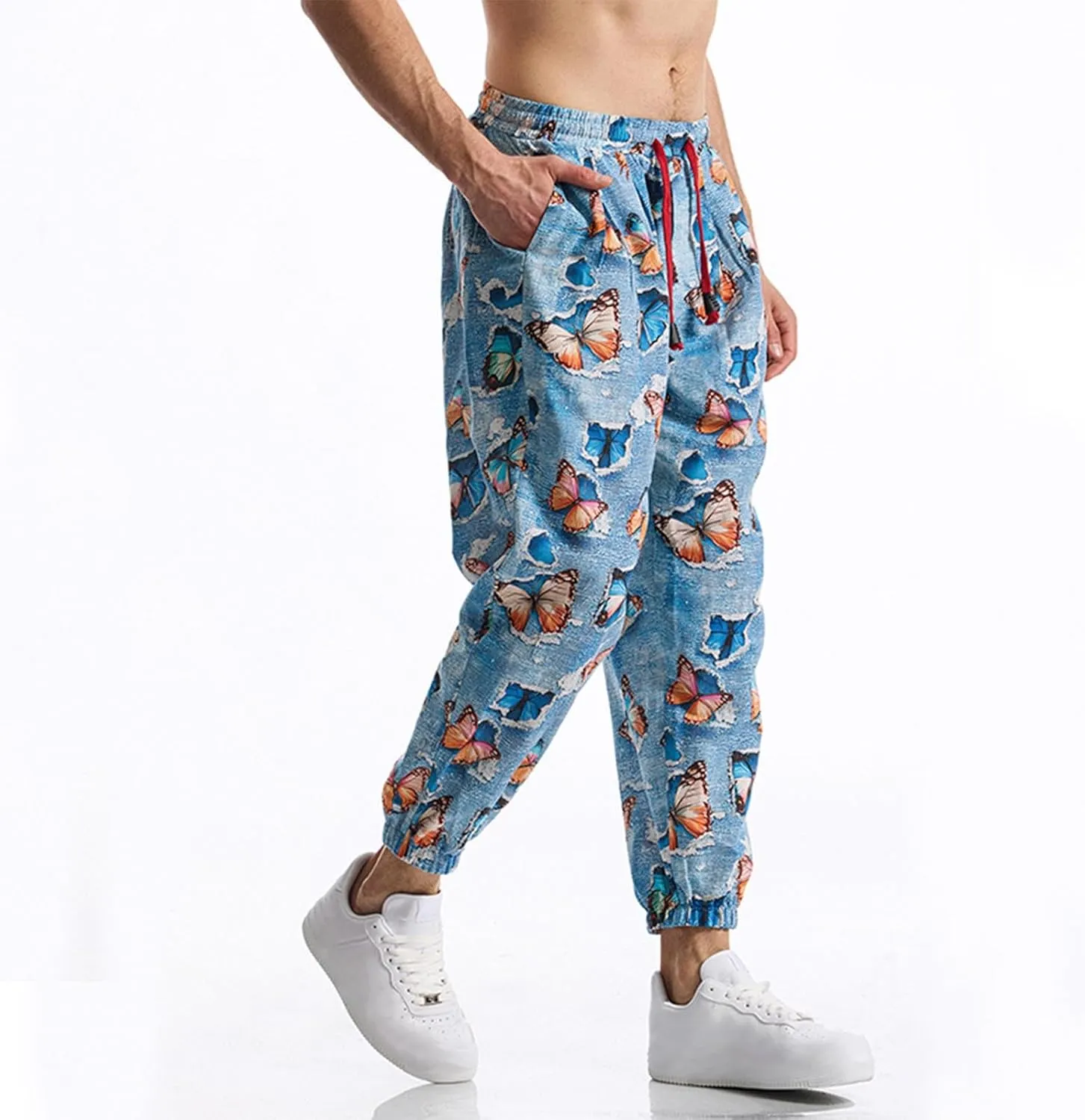 Linen Harem Pants for Men Drawstring Floral Paisley Print Casual Streetwear Hippie Yoga Pants with Pockets