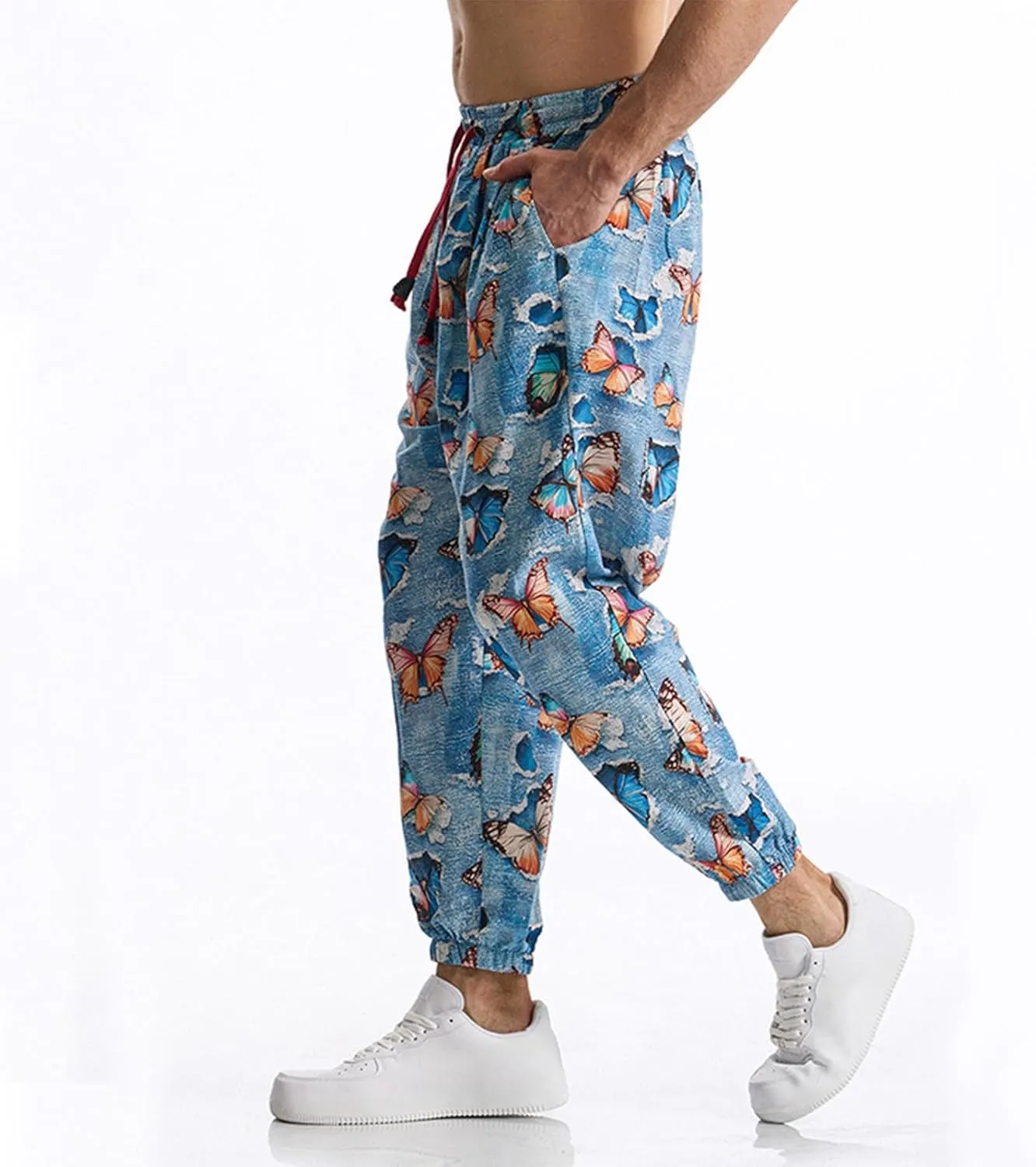 Linen Harem Pants for Men Drawstring Floral Paisley Print Casual Streetwear Hippie Yoga Pants with Pockets