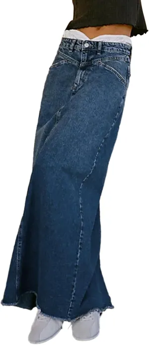 lisenraIn Women Denim Maxi Skirt Raw Hem A-Line Jean Skirt Casual Y2K Fashion High Waisted Long Denim Skirt with Pockets