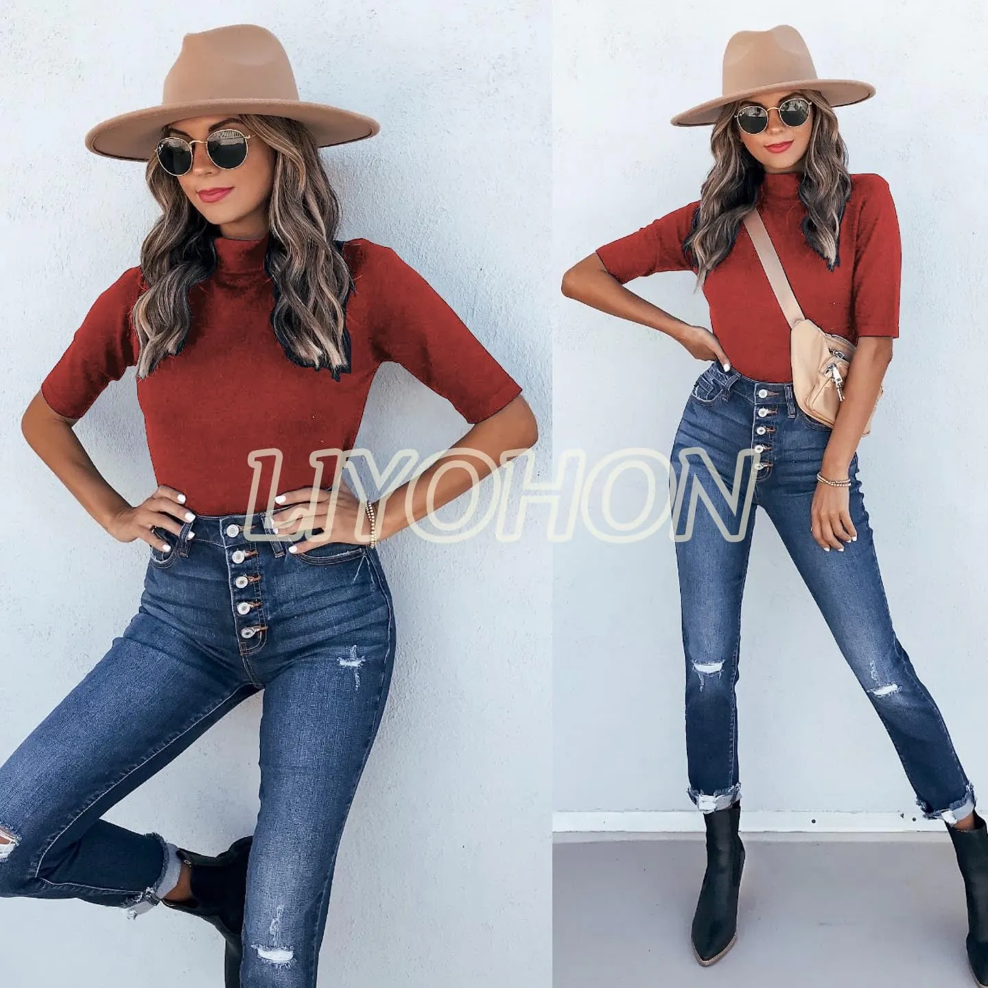 LIYOHON Womens Tops Dressy Casual Mock Turtleneck Business Short Sleeve T Shirts Going Out Tops 2025