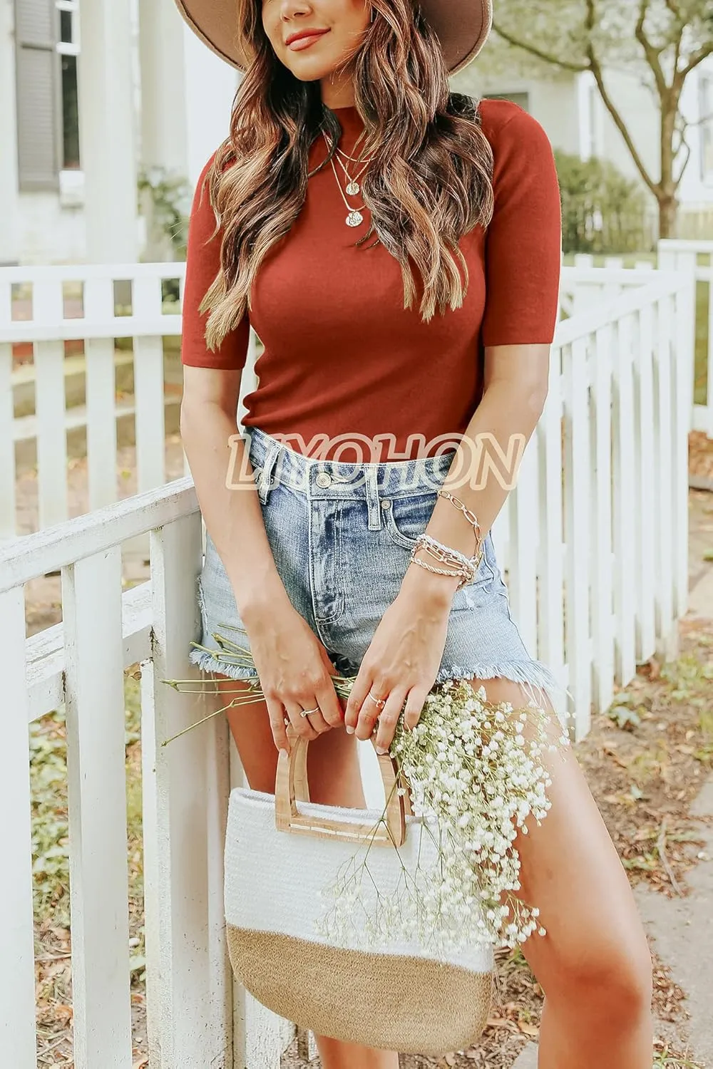 LIYOHON Womens Tops Dressy Casual Mock Turtleneck Business Short Sleeve T Shirts Going Out Tops 2025