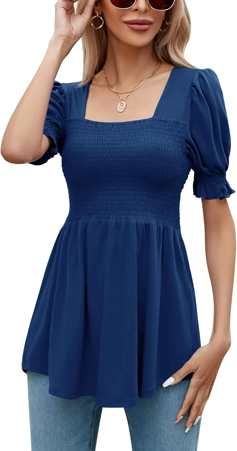 LOMON Women's Tunics Square Neck Puff Short Sleeve Smocked Top Ladies Peplum Blouse Tee Shirts 2025 Spring Summer S-XL