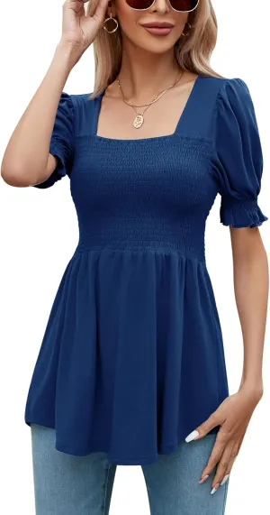 LOMON Women's Tunics Square Neck Puff Short Sleeve Smocked Top Ladies Peplum Blouse Tee Shirts 2025 Spring Summer S-XL