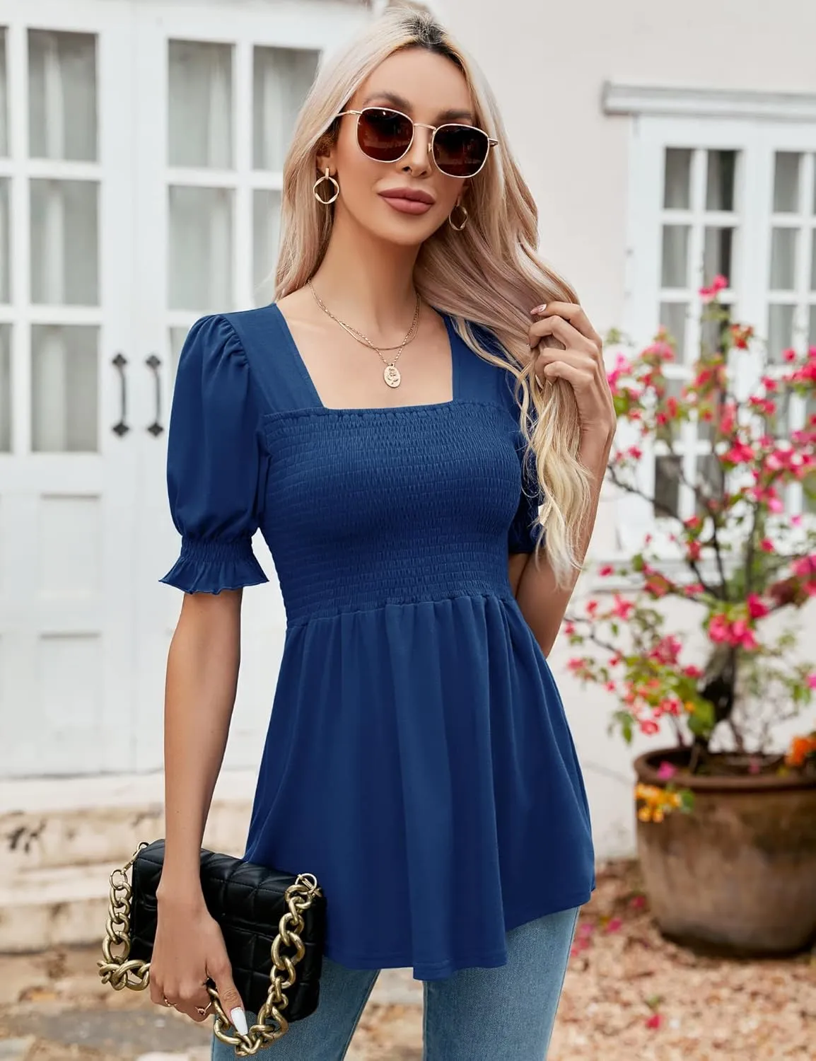 LOMON Women's Tunics Square Neck Puff Short Sleeve Smocked Top Ladies Peplum Blouse Tee Shirts 2025 Spring Summer S-XL