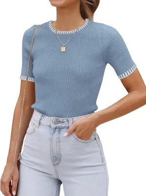 luvamia Womens Tops Trendy Business Casual Summer Short Sleeve Sweater Top Slim Fit Color Block Crewneck Ribbed Knit Tee