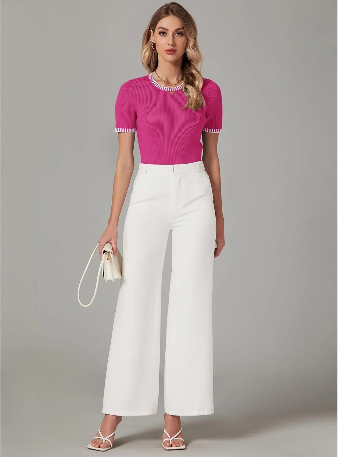 luvamia Womens Tops Trendy Business Casual Summer Short Sleeve Sweater Top Slim Fit Color Block Crewneck Ribbed Knit Tee