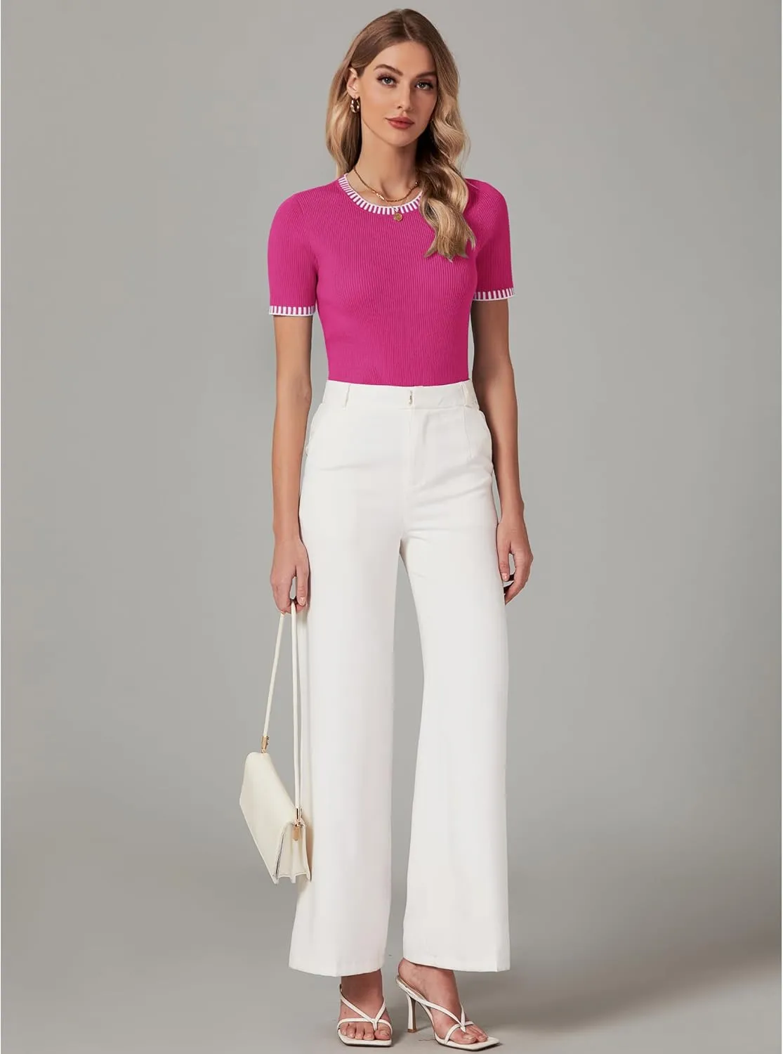 luvamia Womens Tops Trendy Business Casual Summer Short Sleeve Sweater Top Slim Fit Color Block Crewneck Ribbed Knit Tee