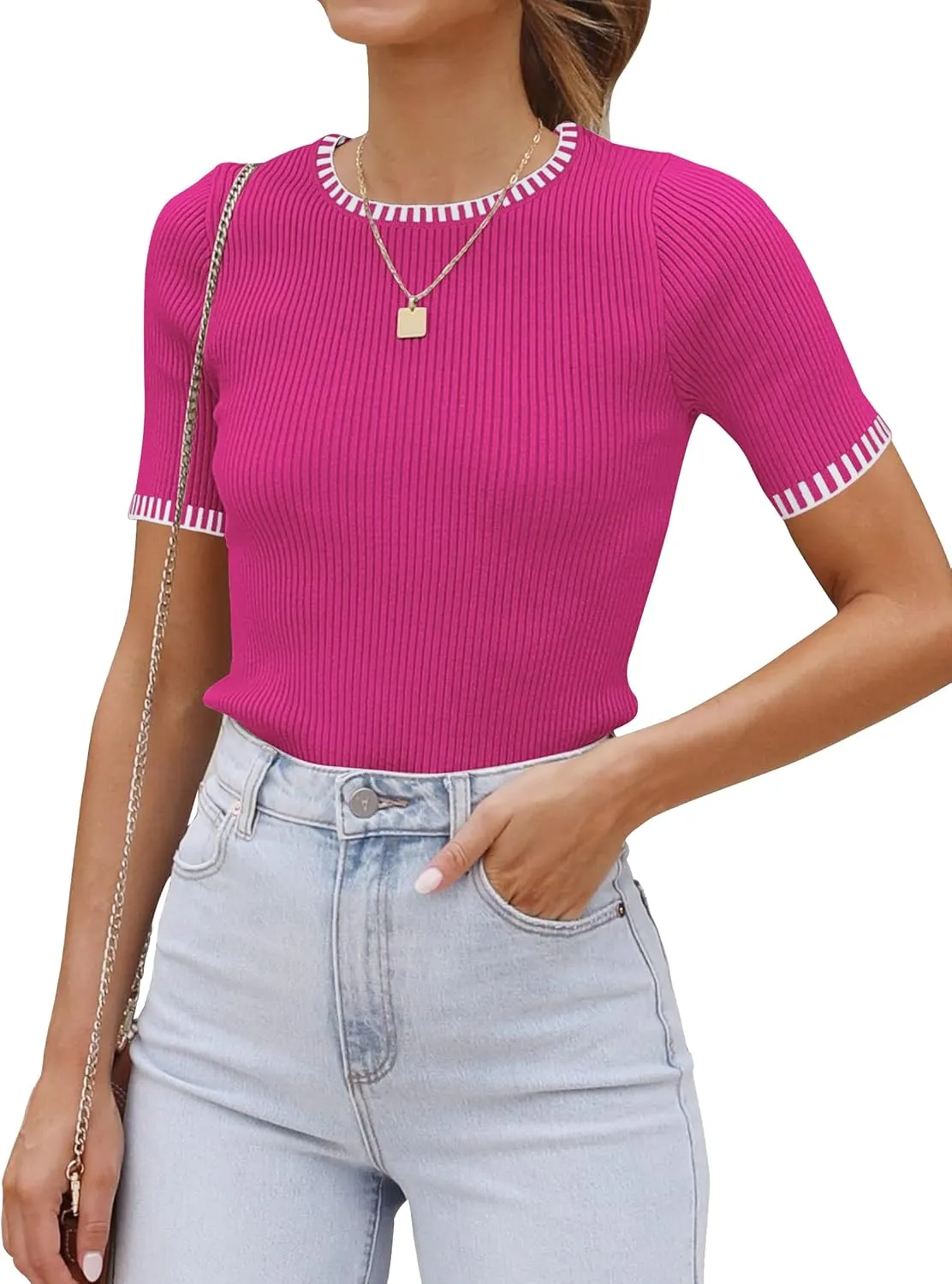luvamia Womens Tops Trendy Business Casual Summer Short Sleeve Sweater Top Slim Fit Color Block Crewneck Ribbed Knit Tee