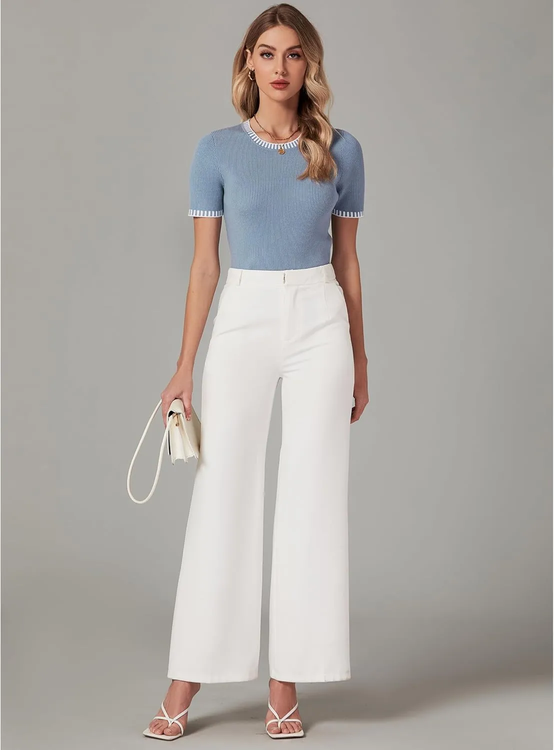 luvamia Womens Tops Trendy Business Casual Summer Short Sleeve Sweater Top Slim Fit Color Block Crewneck Ribbed Knit Tee